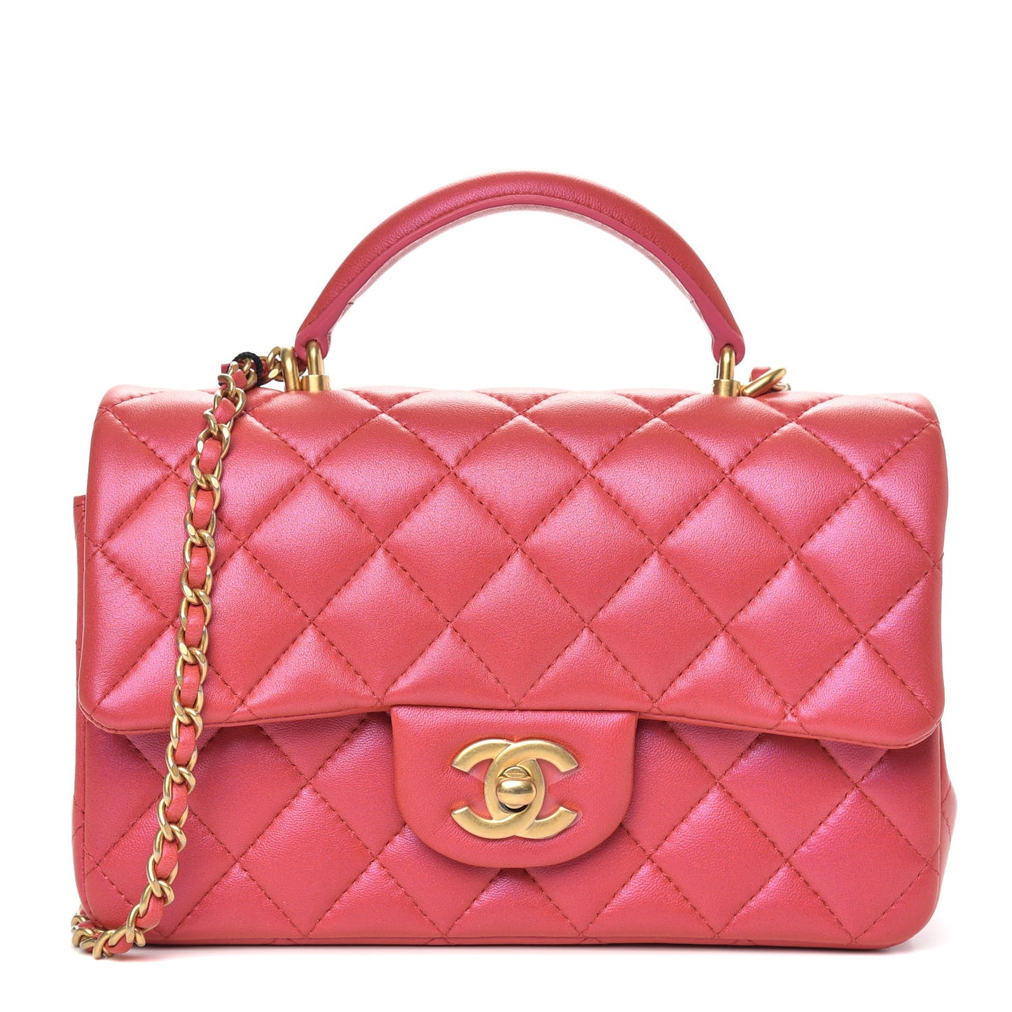 Iridescent Lambskin Quilted Mini Top Handle Rectangular Flap Red