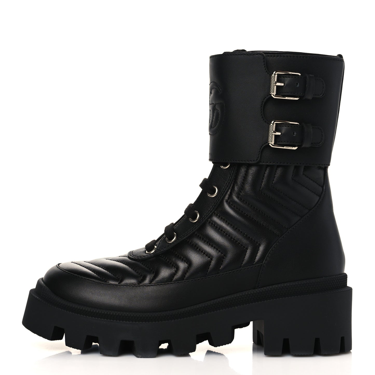 Nappa Frances GG Matelasse Platform Combat Boots 35 Black
