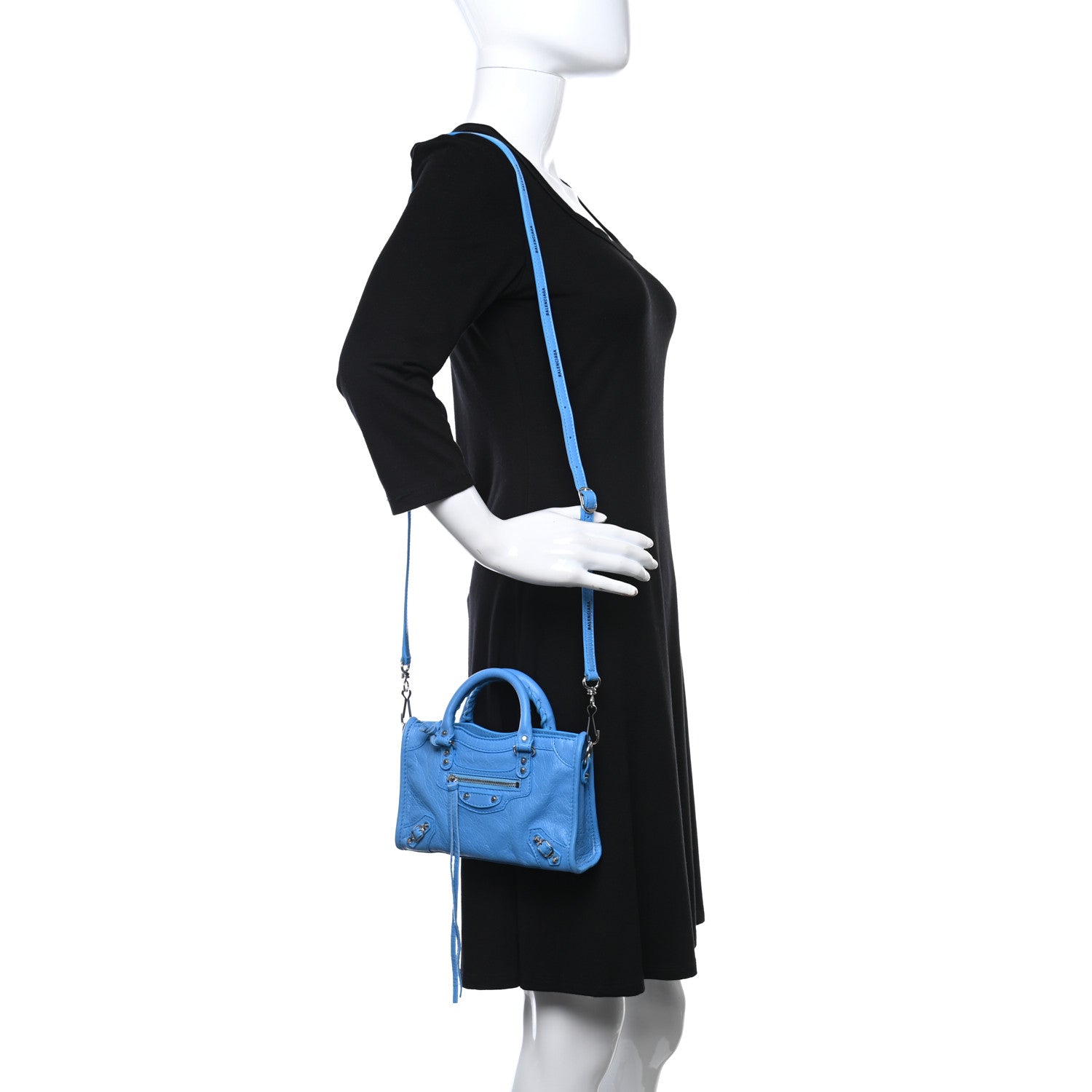 Balenciaga Agneau Classic Silver Hardware Nano City Logo Strap Bleu Turquoise Black 2 of 10