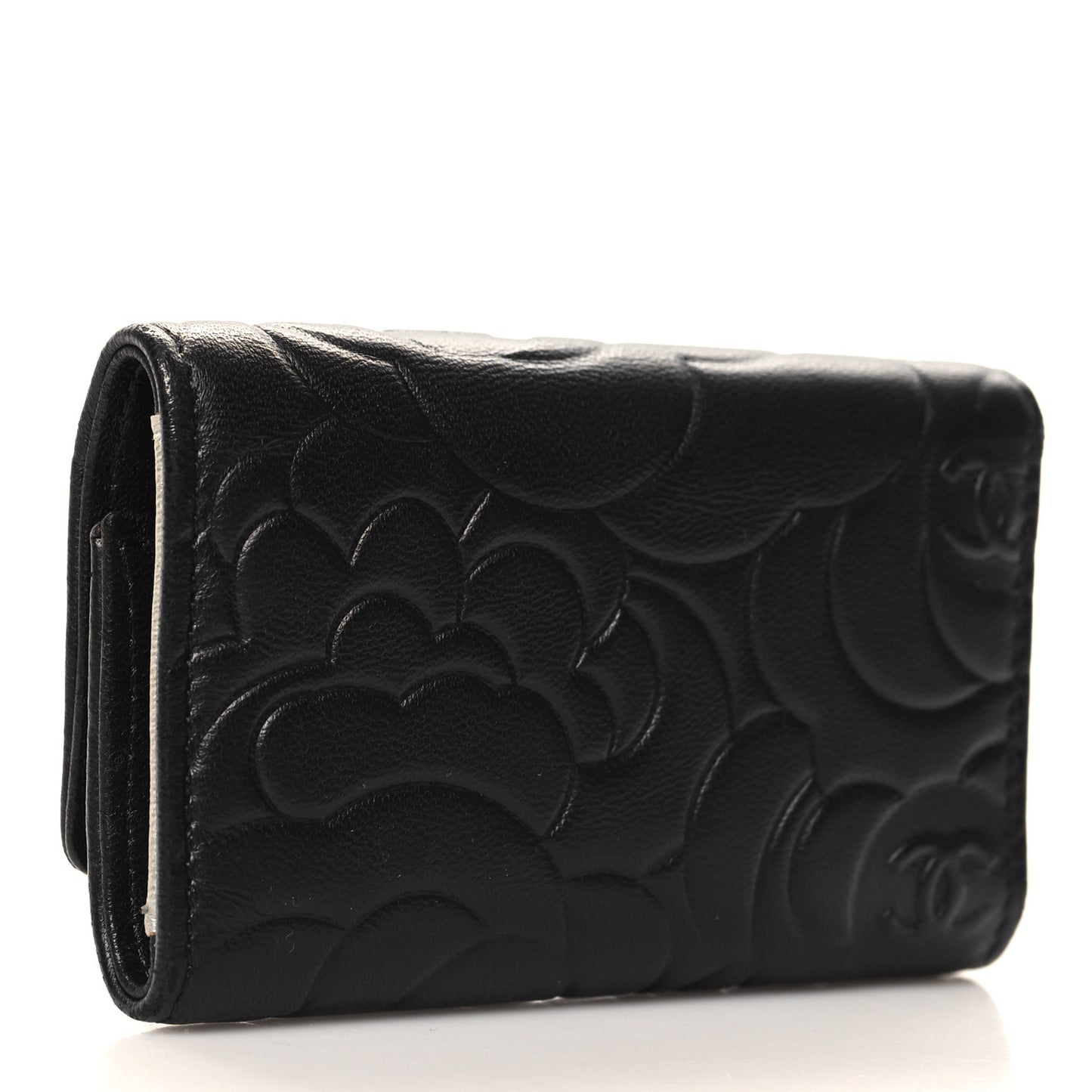 Lambskin Camellia Embossed 6 Key Holder Black