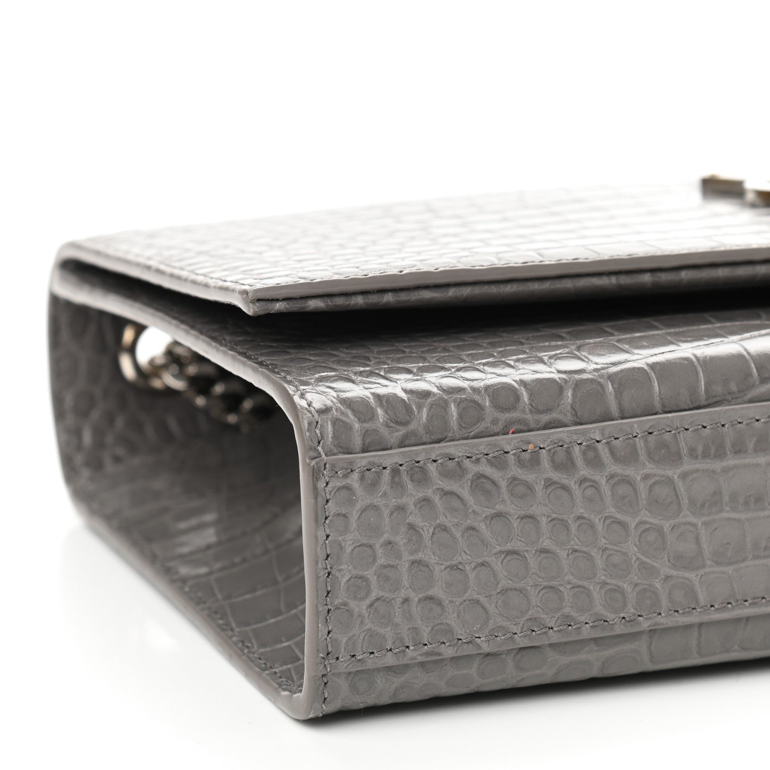 Saint Laurent Calfskin Crocodile Embossed Medium Classic Monogram Kate Tassel Satchel Earth Grey 8 of 9