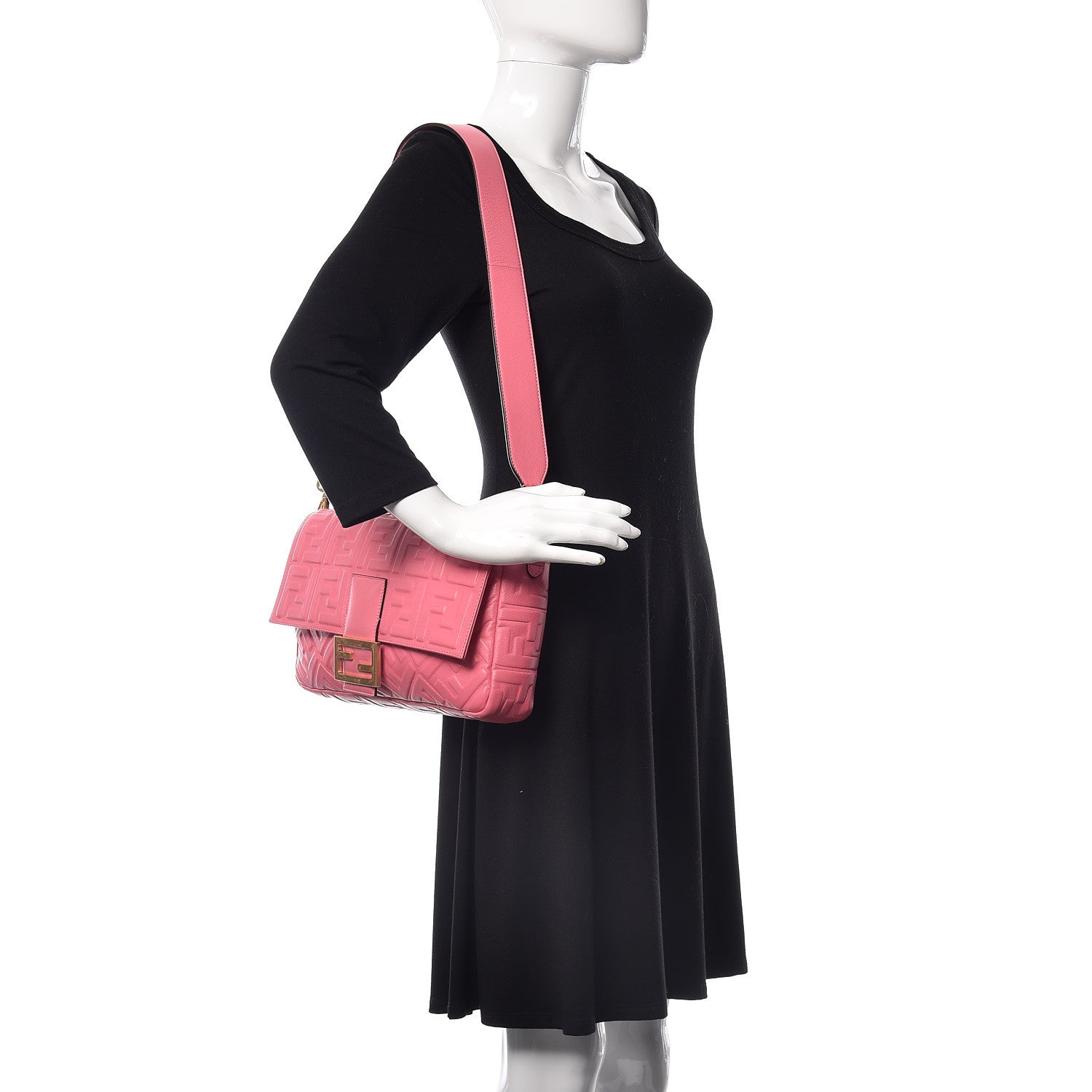 Fendi Nappa FF 1974 Embossed Large Baguette Rosa Fluo 2 of 10