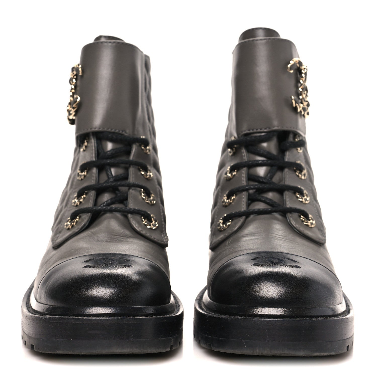 Chanel Shiny Lambskin Quilted Lace Up Combat Boots 39.5 Grey Black 3 of 10