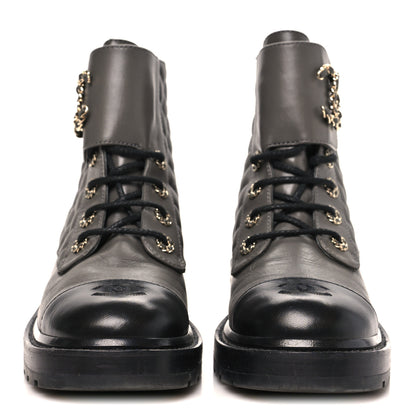 Chanel Shiny Lambskin Quilted Lace Up Combat Boots 39.5 Grey Black 3 of 10