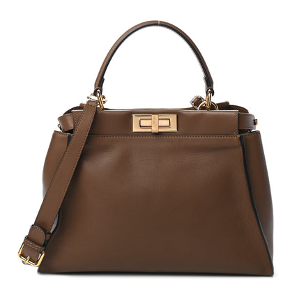 Fendi Vitello Seta Fabric Jacquard Pequin Medium Peekaboo Iconic Satchel Foresta Tobacco 1 of 9