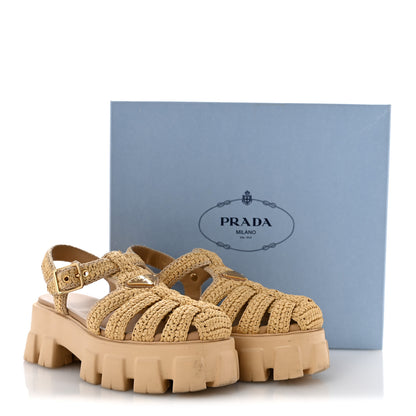 Prada Yarn Raffia Effect Metal Triangle Logo Crochet Monolith 55mm Cage Sandals 38 Naturale 9 of 9