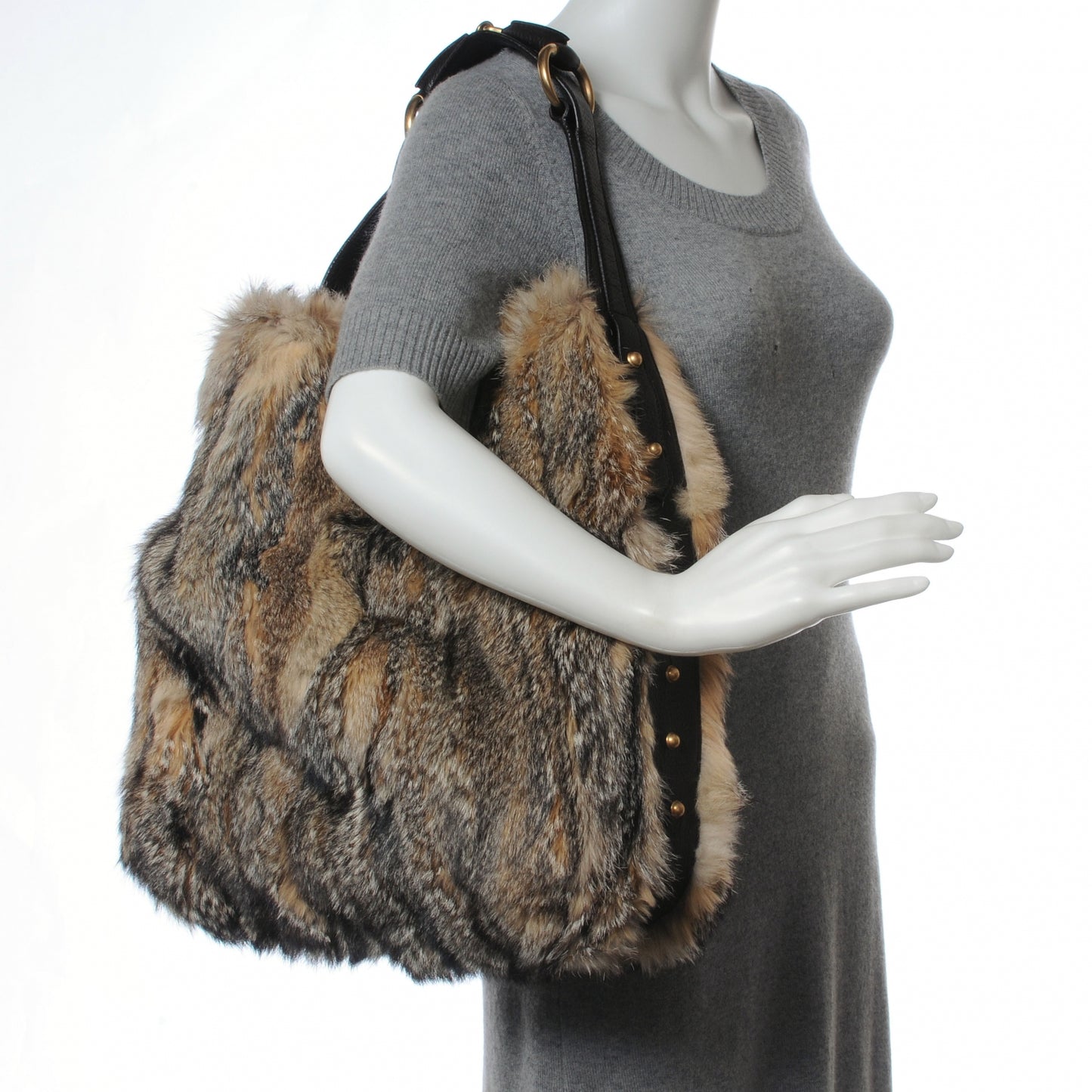 Racoon Fur Large Horsebit Chain Hobo Brown