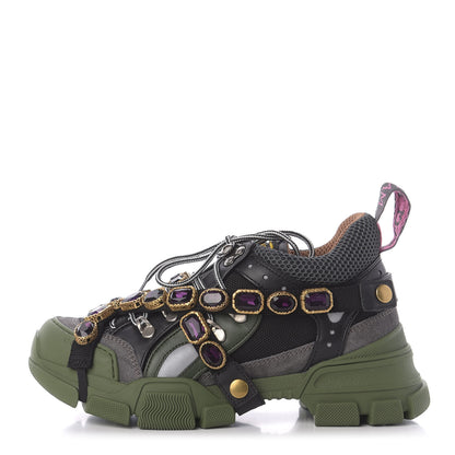 Gucci X SEGA Mesh Suede Calfskin Removable Crystals Flashtrek Sneakers 37 Loess Black Olive Green 1 of 8