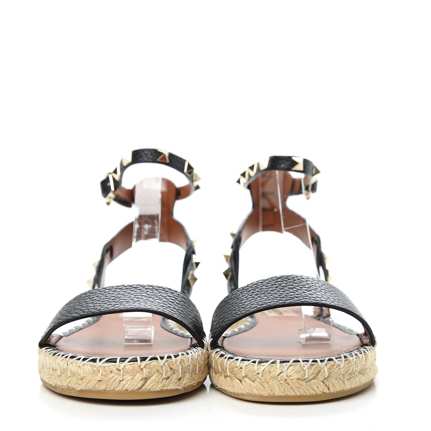 Valentino Garavani Grained Calfskin Rockstud Ankle Strap Espadrille Flat Sandals 37 Black 2 of 8