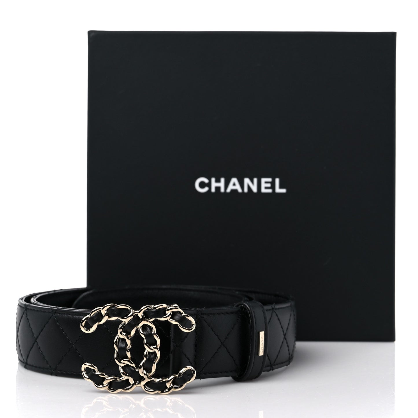 Calfskin Quilted CC Chain Belt 95 38 Black