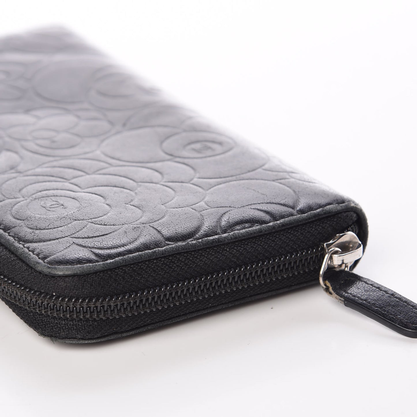 Lambskin Camellia Embossed Large Zip Around Gusset Wallet Black