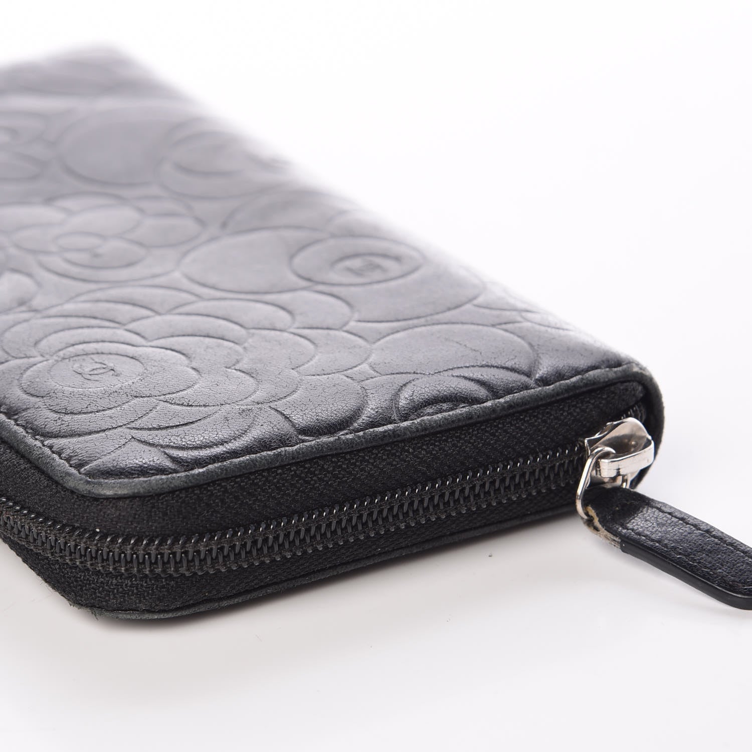 Chanel Lambskin Camellia Embossed Large Zip Around Gusset Wallet Black 13 of 15