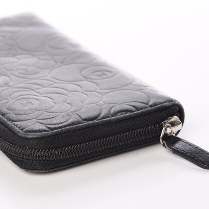 Chanel Lambskin Camellia Embossed Large Zip Around Gusset Wallet Black 13 of 15