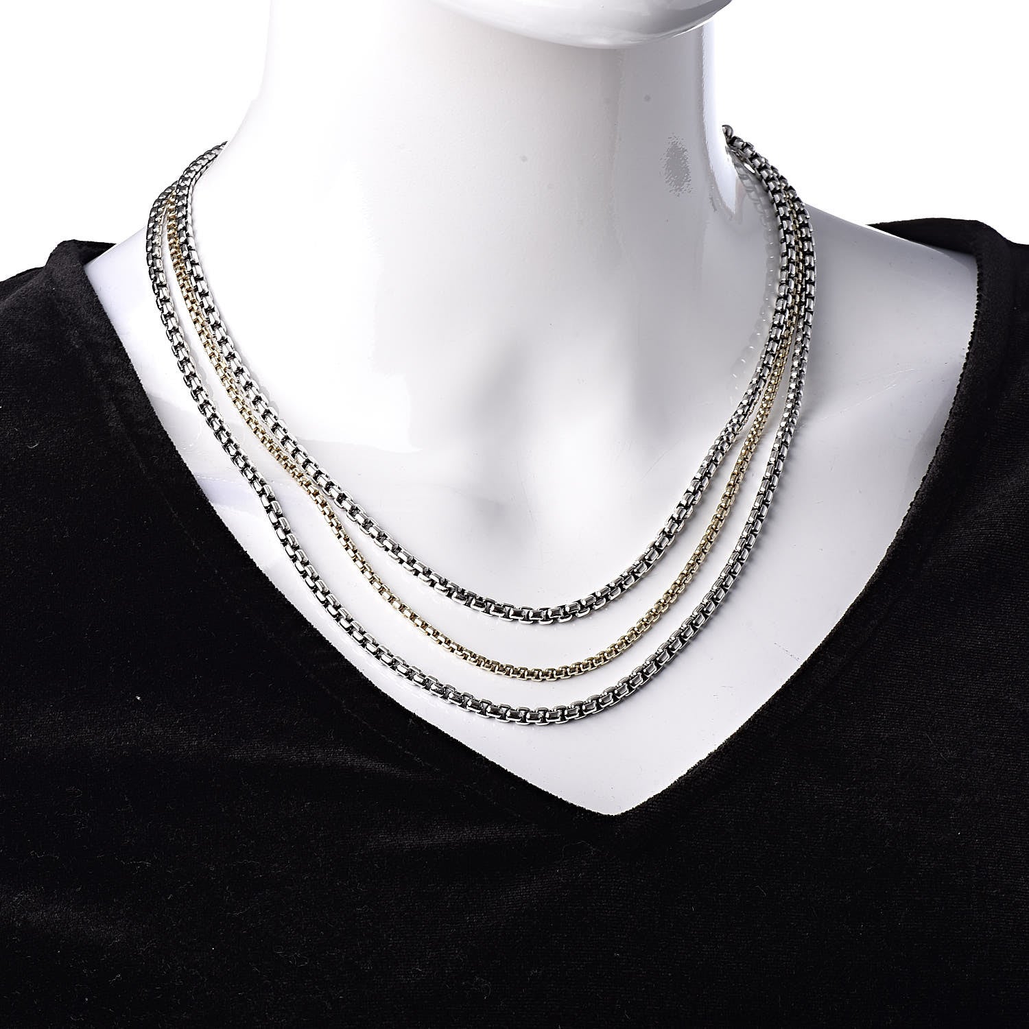David Yurman Sterling Silver 18K Yellow Gold Three Strand Box Chain Necklace 2 of 5