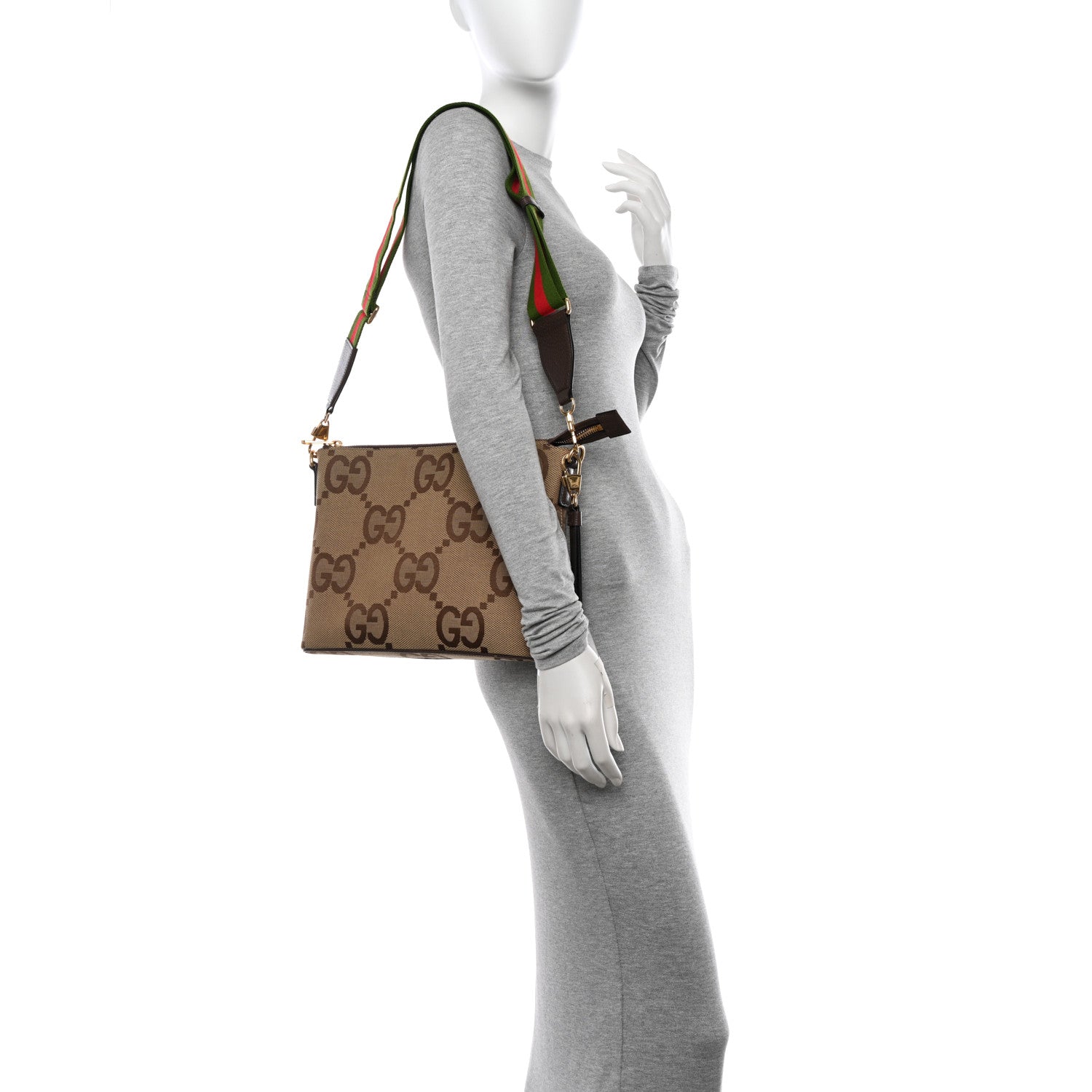 Gucci Monogram Jumbo GG Textured Dollar Calfskin Web Wristlet Messenger Bag Camel Ebony New Acero 3 of 15