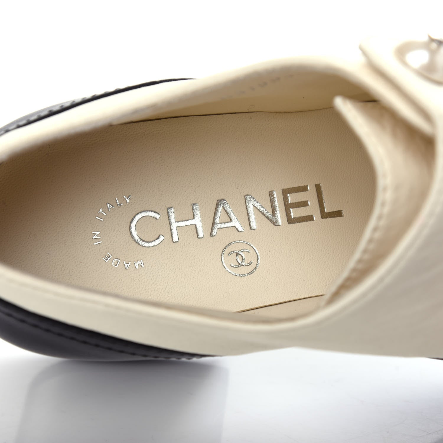 Chanel Metallic Lambskin Patent Pearl Cap Toe Lace Up Oxfords 38 Black Beige Silver 8 of 11