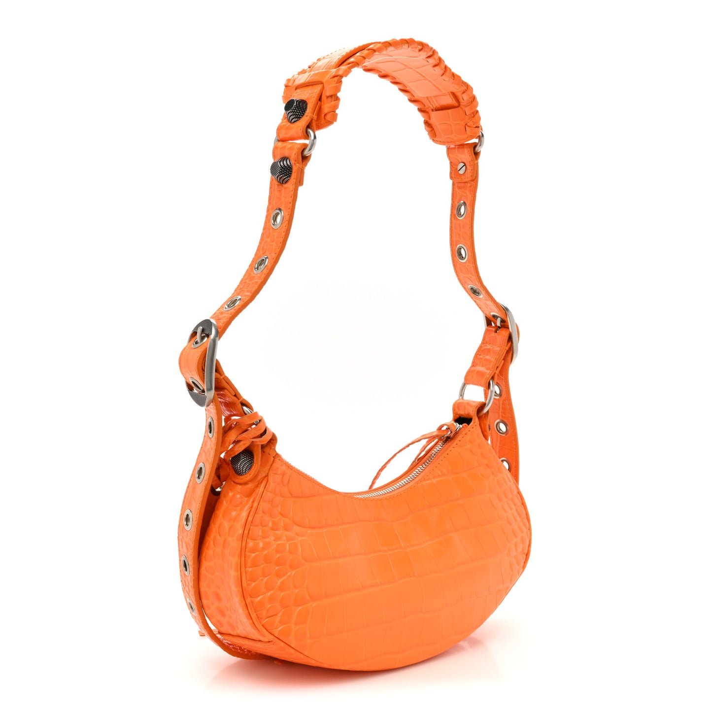 Extra Supple Calfskin Crocodile Embossed Le Cagole Shoulder Bag XS Pop Orange