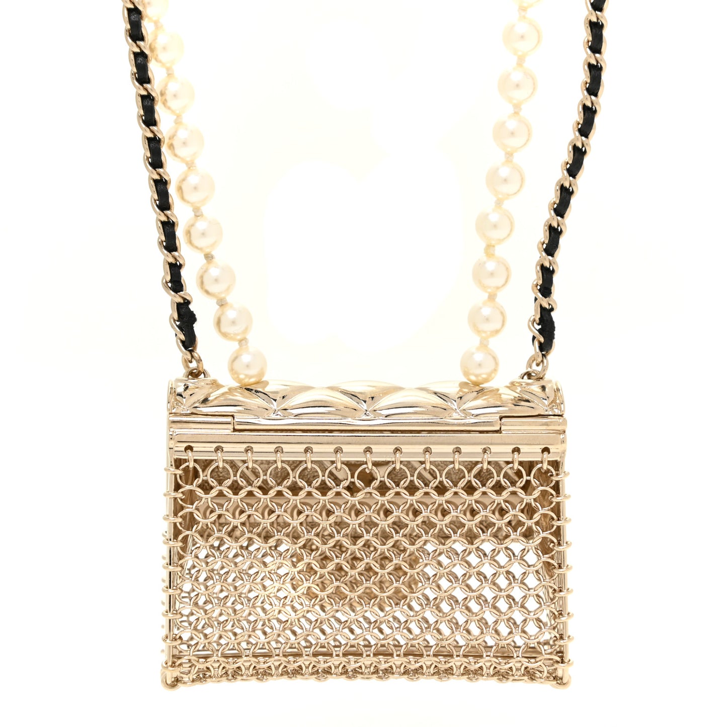 Metal Lambskin Pearl Chain Flap Bag Long Necklace Gold Black Pearly White