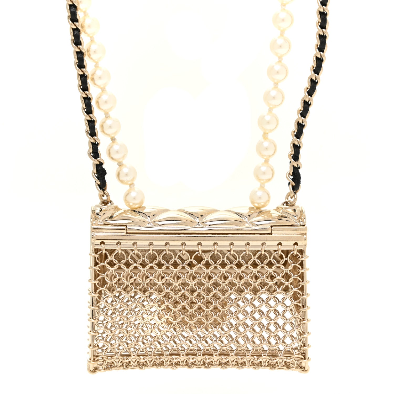 Chanel Metal Lambskin Pearl Chain Flap Bag Long Necklace Gold Black Pearly White 5 of 6
