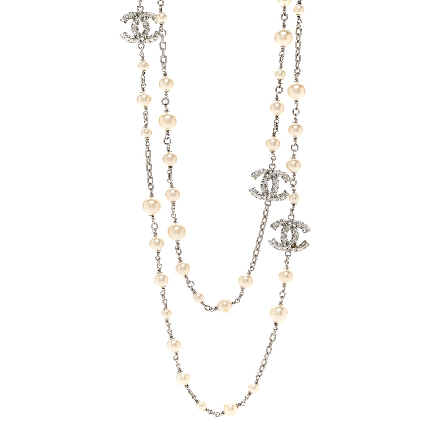 Chanel Pearl Baguette Crystal CC Long Necklace Silver 1 of 6