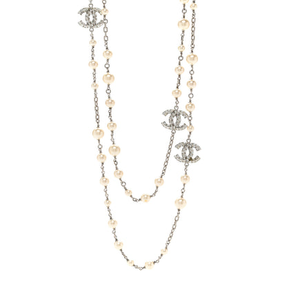 Chanel Pearl Baguette Crystal CC Long Necklace Silver 1 of 6