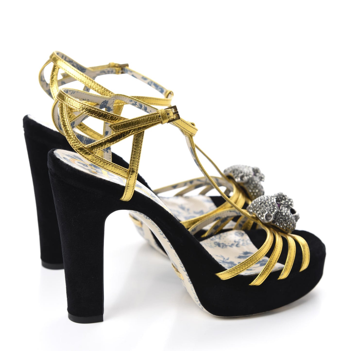 Velvet Nappa Elias T-Strap Platform High Heel Sandals 36.5 Black Gold