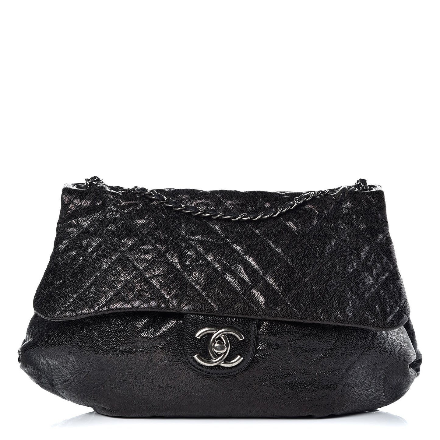 Crumpled Caviar Quilted Maxi Elastic Flap Black