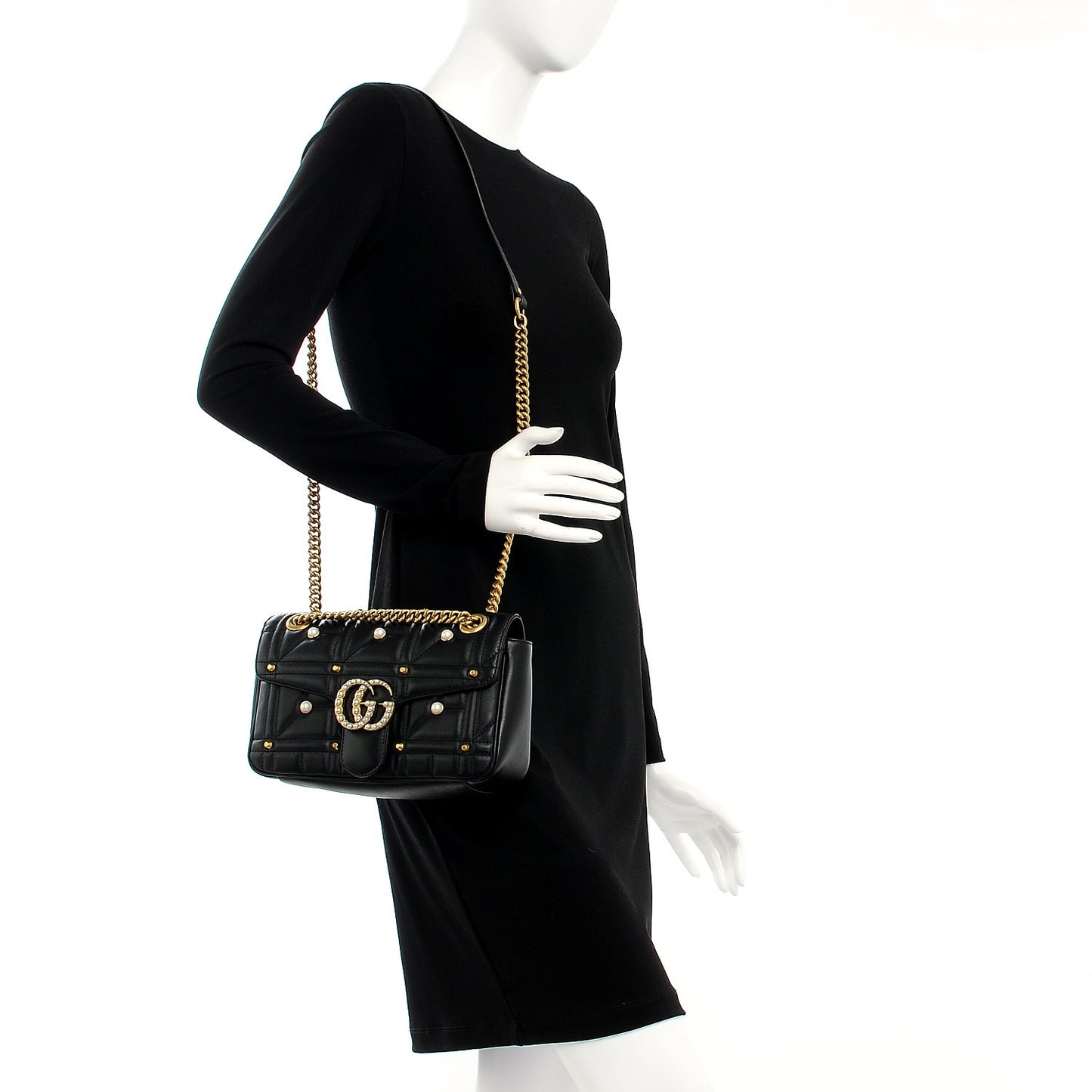 Calfskin Matelasse Studded Small Pearly GG Marmont Shoulder Bag Black