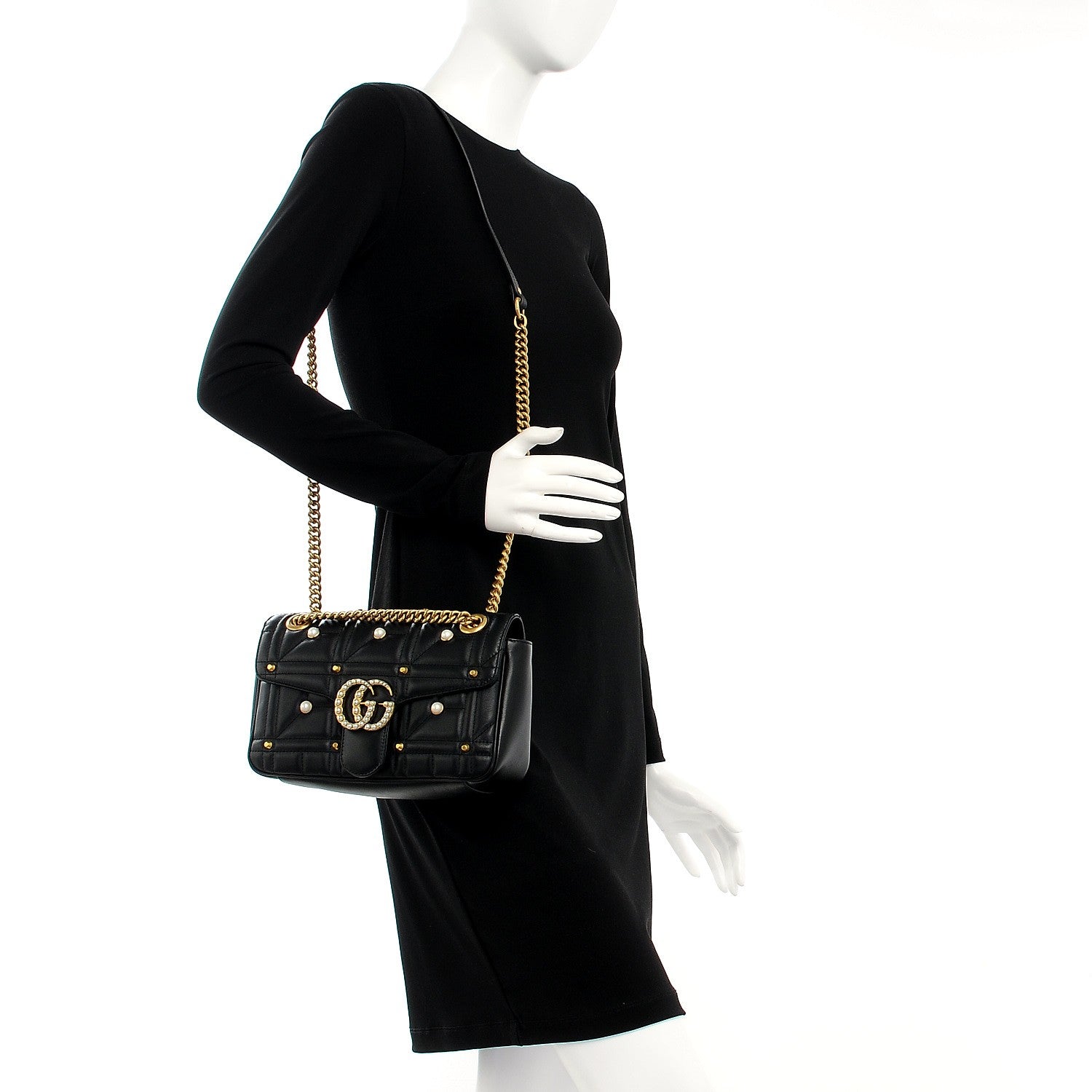 Gucci Calfskin Matelasse Studded Small Pearly GG Marmont Shoulder Bag Black 2 of 8
