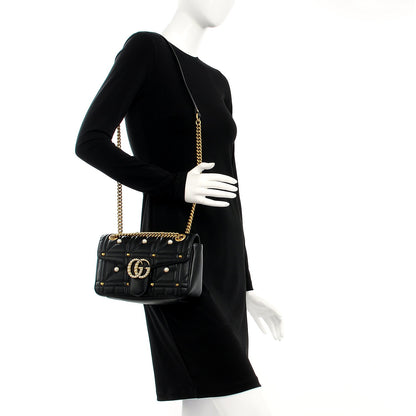 Gucci Calfskin Matelasse Studded Small Pearly GG Marmont Shoulder Bag Black 2 of 8