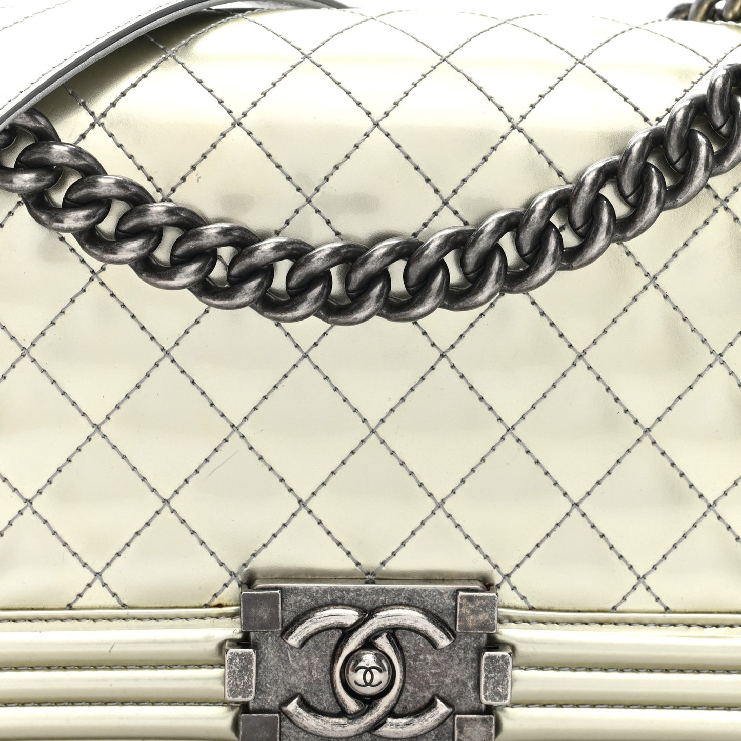 Metallic Patent Calfskin Quilted Medium Boy Flap Silver