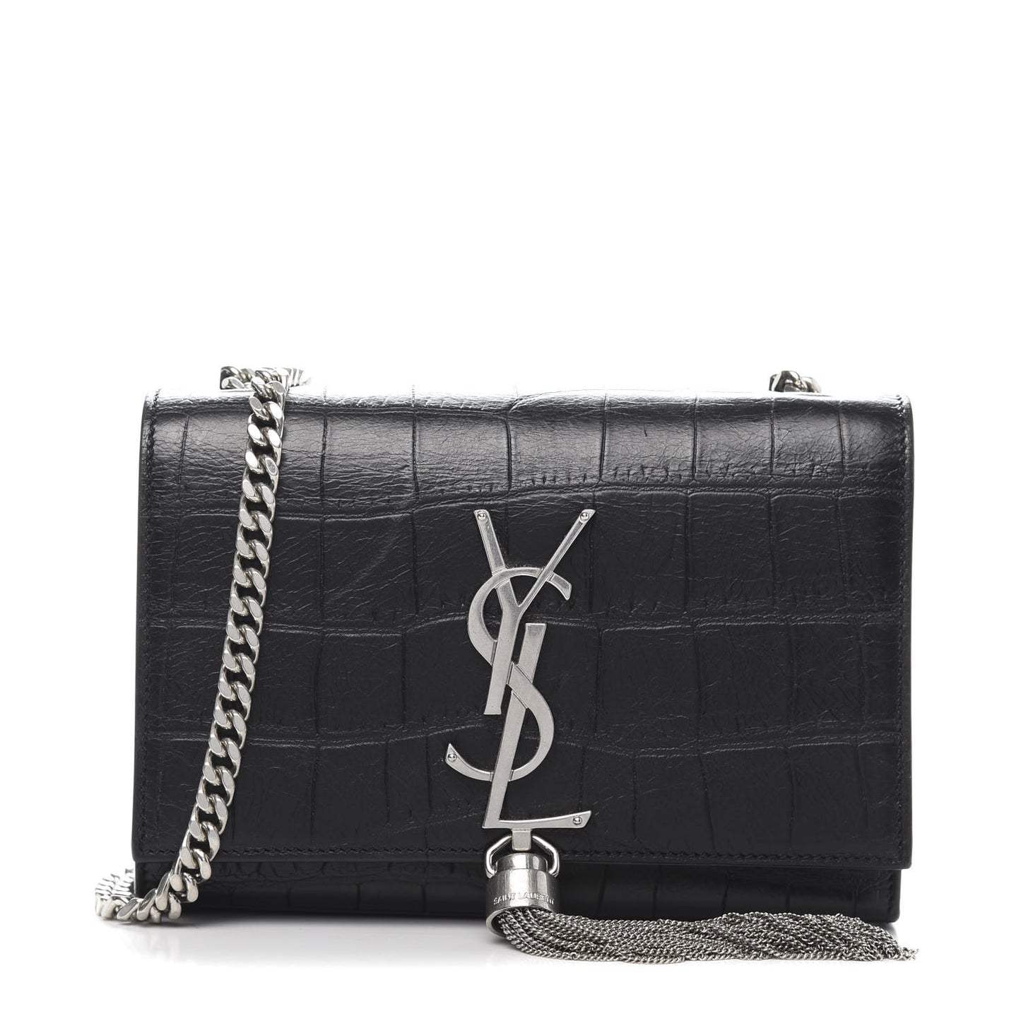 Calfskin Crocodile Embossed Monogram Small Kate Tassel Satchel Black