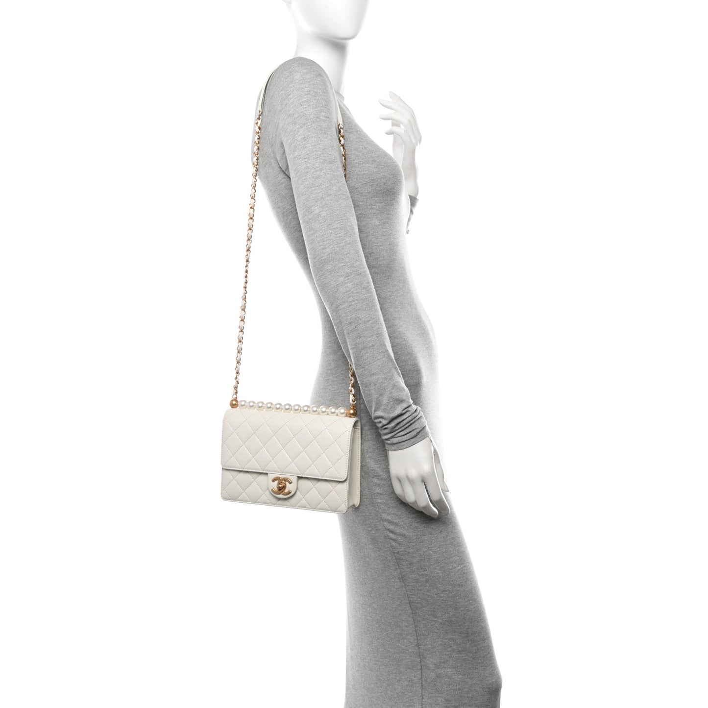 Lambskin Quilted Small Chic Pearls Flap White