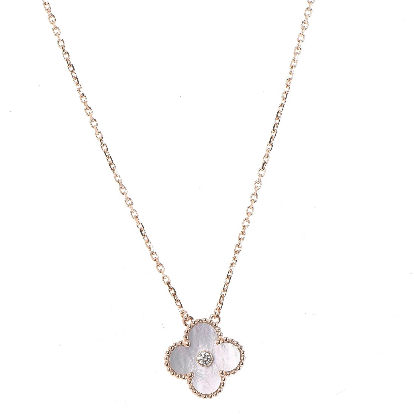 18K Rose Gold Diamond Mother of Pearl Vintage Alhambra Pendant Necklace