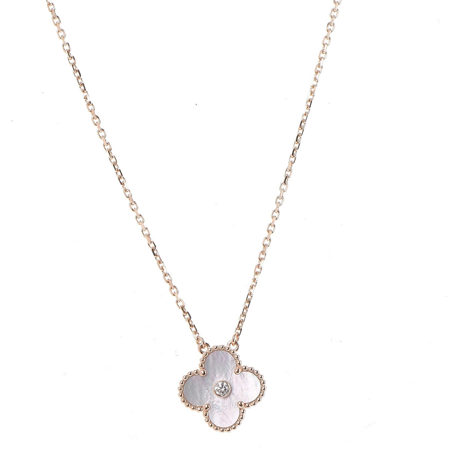 Van Cleef & Arpels 18K Rose Gold Diamond Mother of Pearl Vintage Alhambra Pendant Necklace 1 of 8