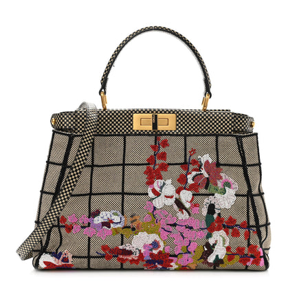 Fendi Canvas Calfskin Embroidered Medium Peekaboo Iconic Satchel Black Beige Multicolor 1 of 10