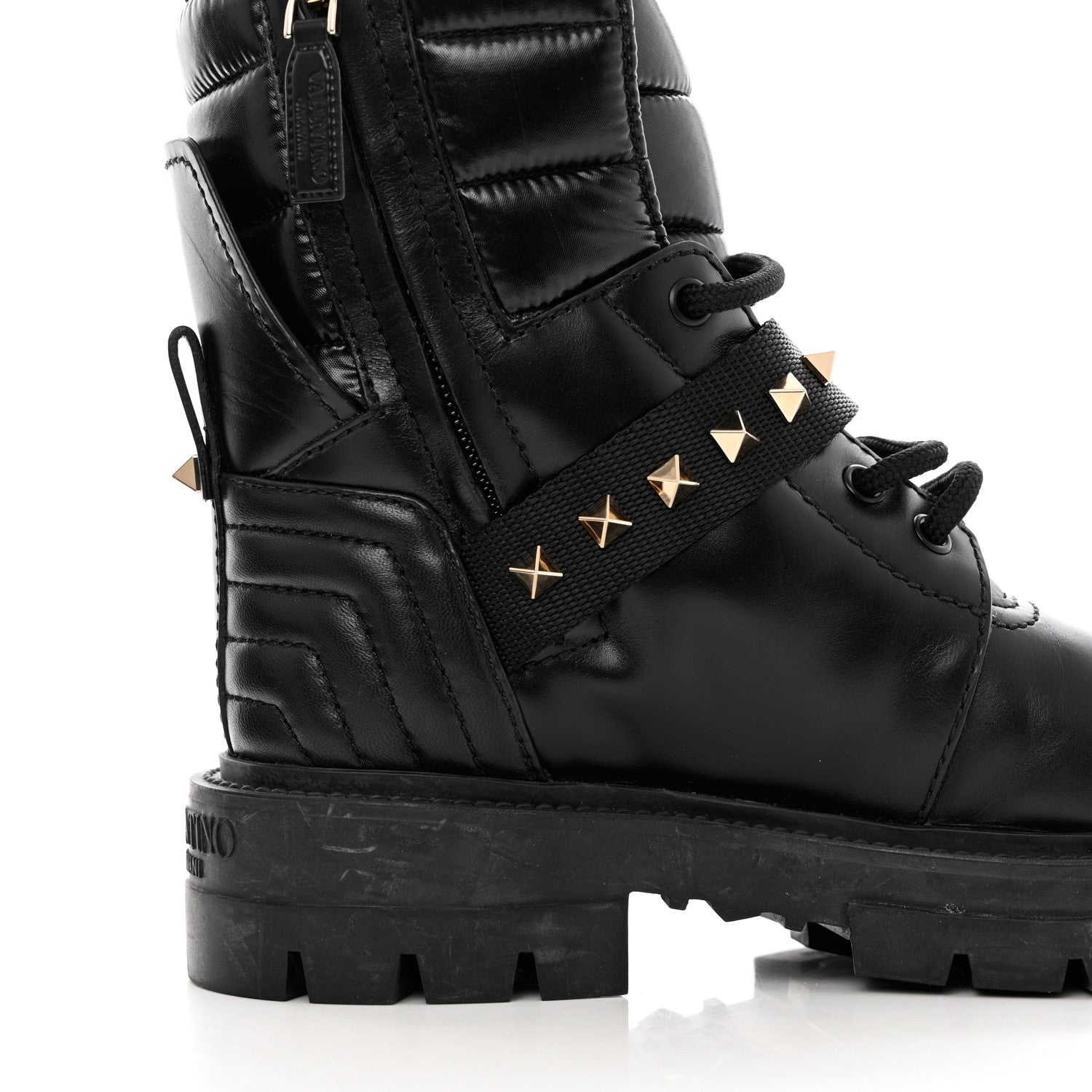 Valentino Garavani Calfskin Nylon Quilted Waterproof Rockstud Combat Boots 35.5 Black 10 of 10