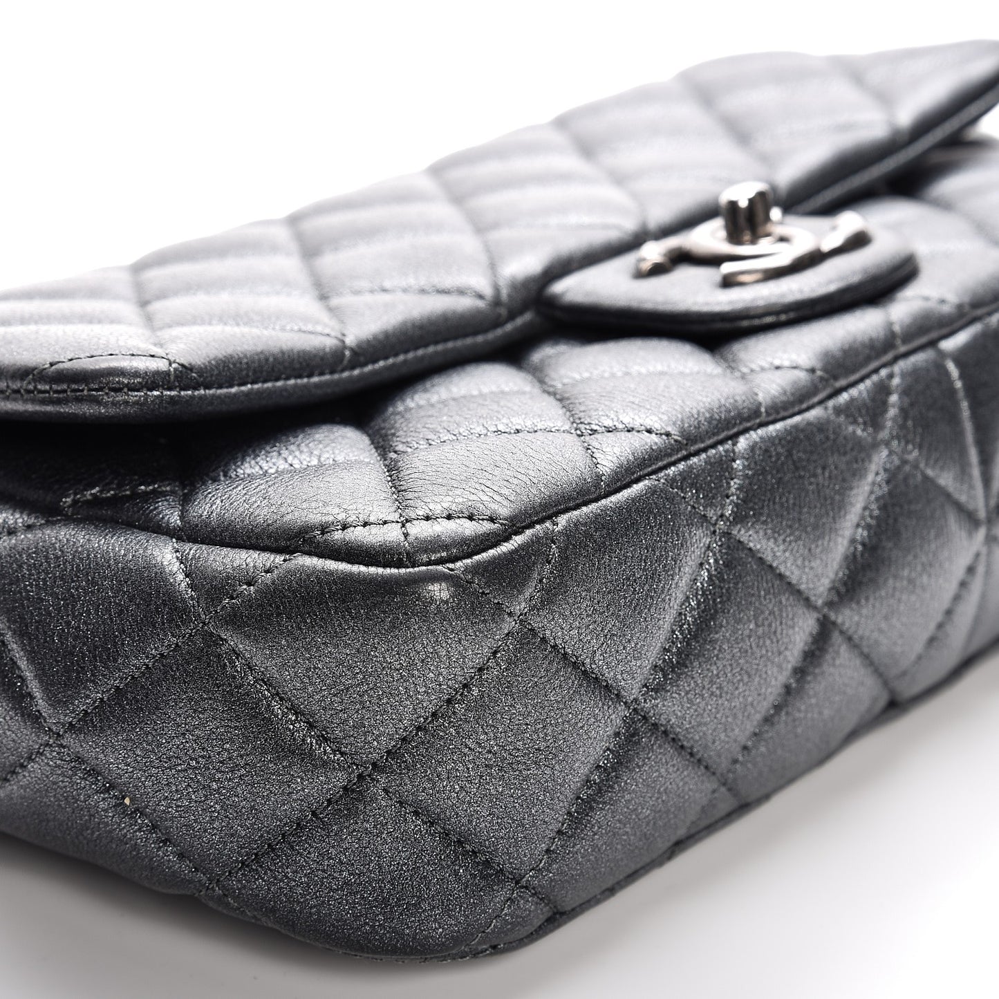 Metallic Calfskin Quilted Medium CC Eyelet Flap Dark Silver