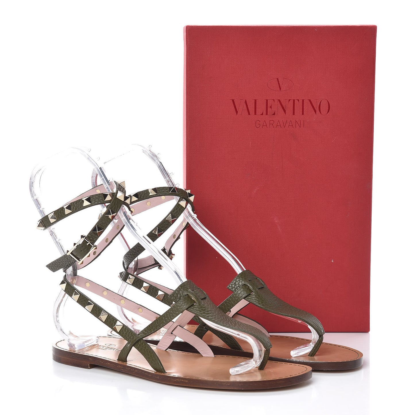 Pebbled Calfskin Rockstud Ankle Wrap Flat Thong Sandals 38 Olive