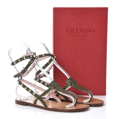 Valentino Garavani Pebbled Calfskin Rockstud Ankle Wrap Flat Thong Sandals 38 Olive 6 of 7