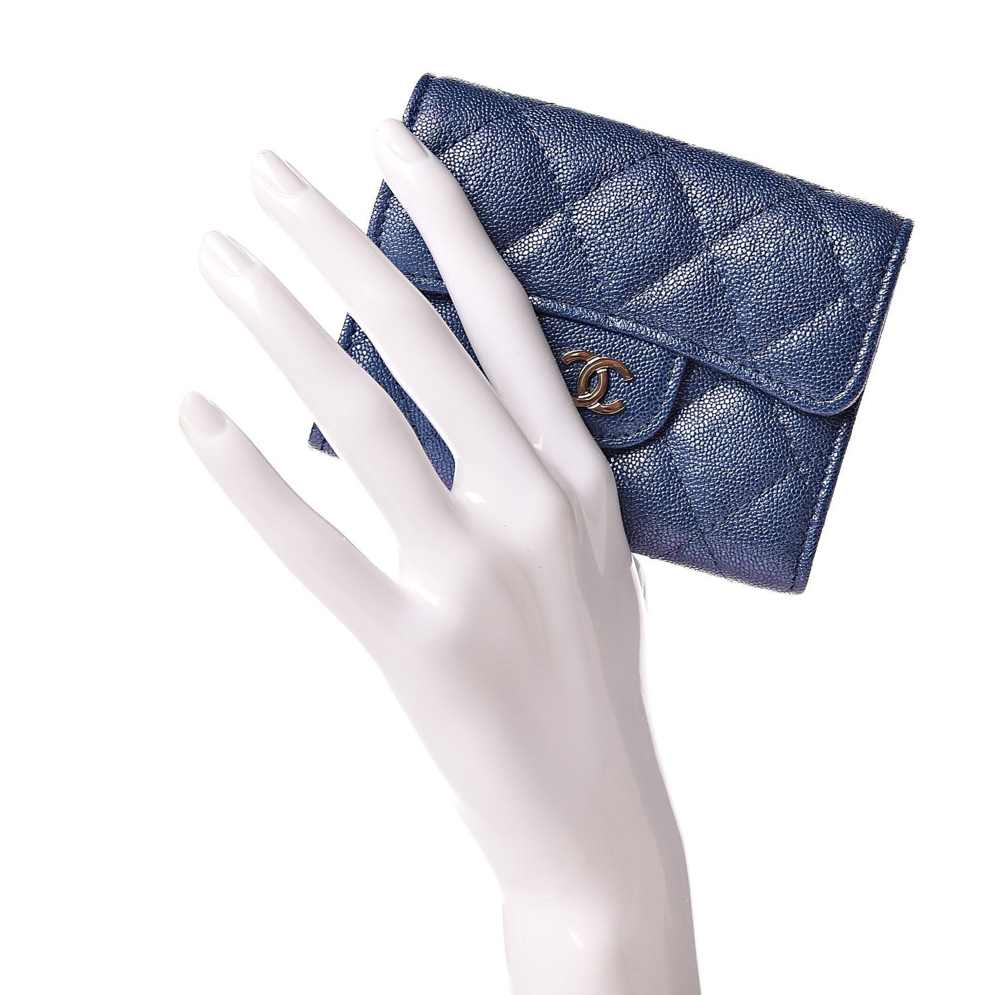 Iridescent Caviar Quilted Flap Card Holder Wallet Dark Blue
