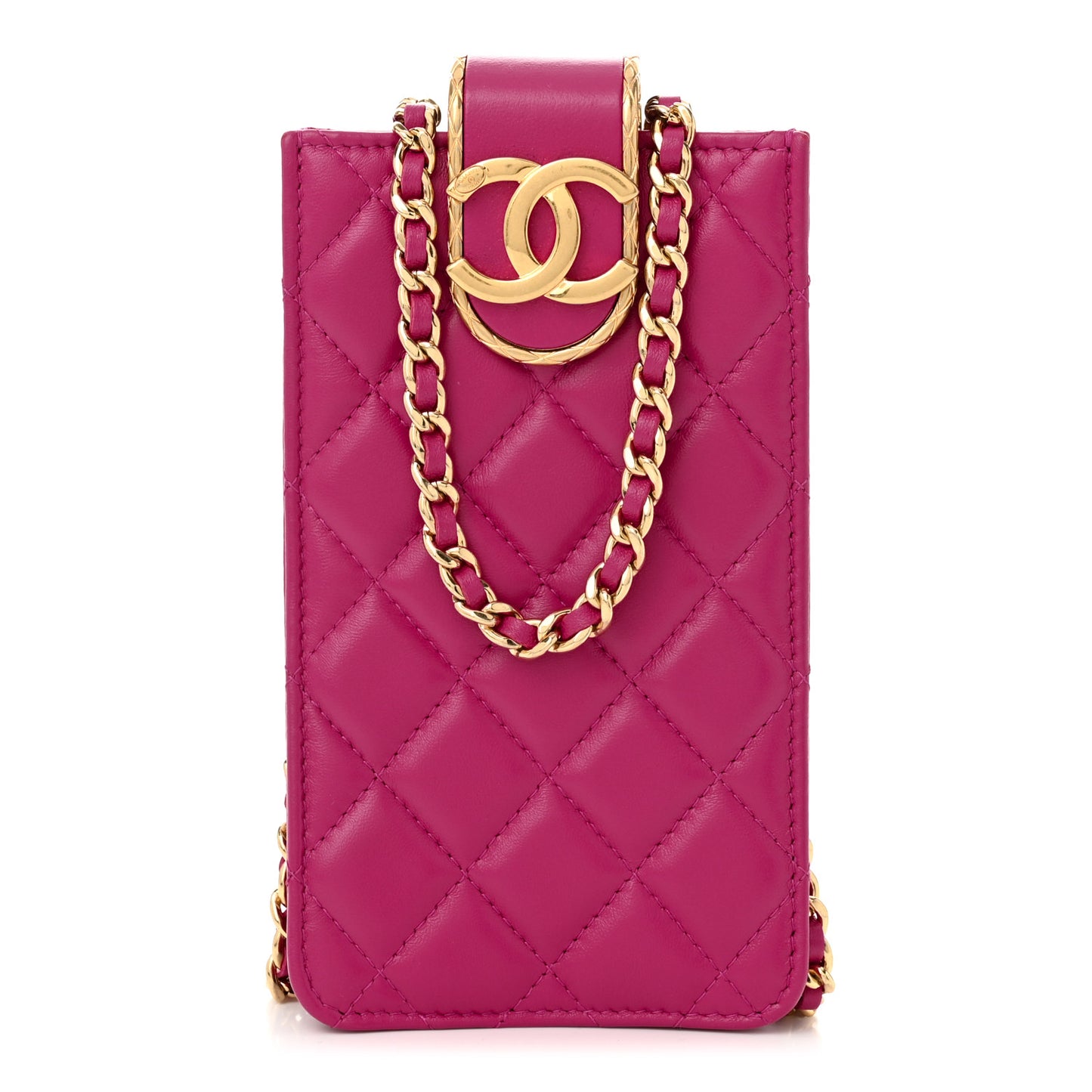 Lambskin Quilted Phone Holder With Chain Fuchsia