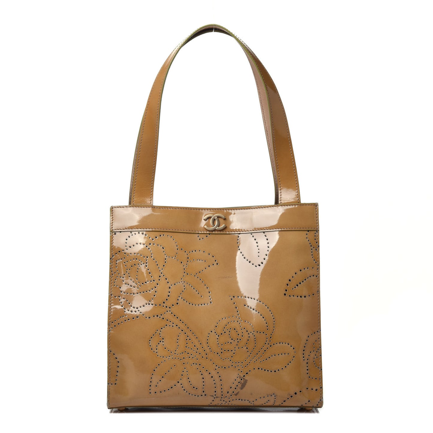 Patent Perforated Camellia Tote Beige