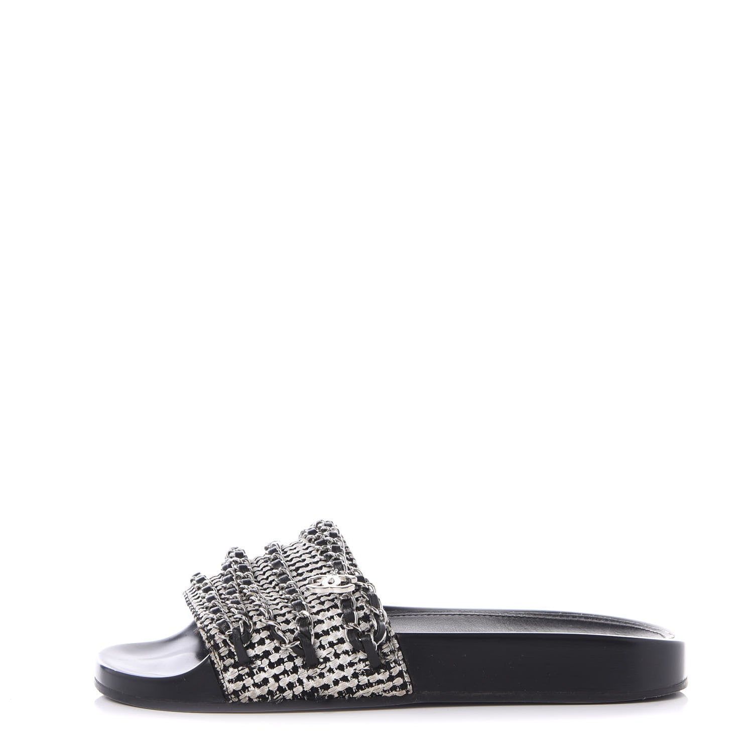 Chanel Tweed Lambskin Chain Flat Sandals 37 White Black 1 of 14