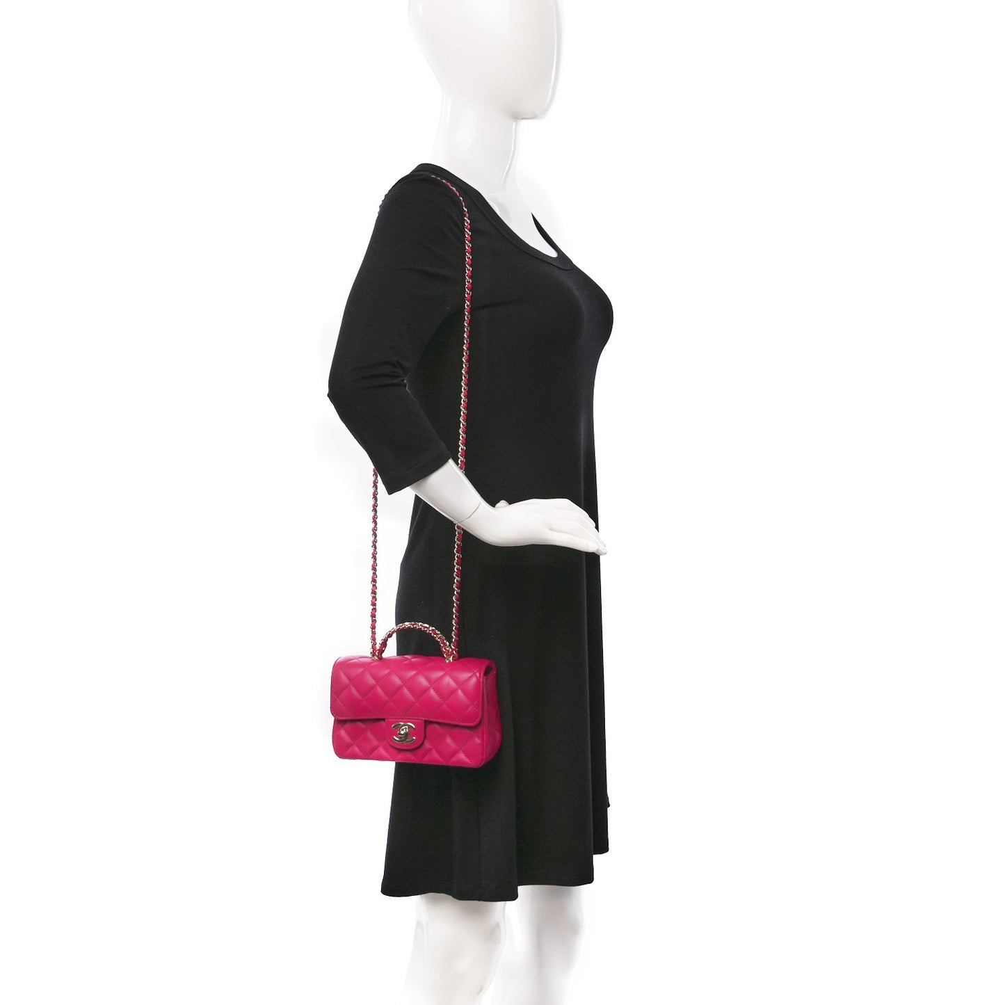 Lambskin Quilted Mini Crystal Top Handle Rectangular Flap Dark Pink
