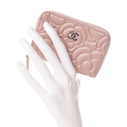 Chanel Goatskin Camellia Embossed Zip Coin Purse Light Pink 2 of 8