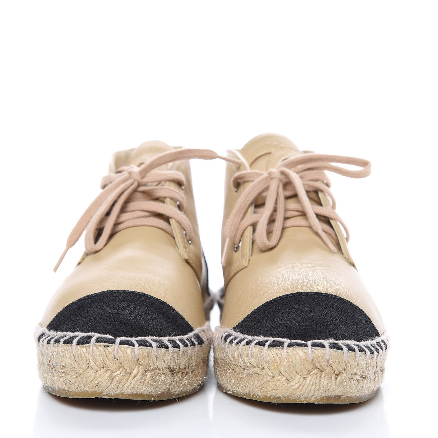 Chanel Lambskin Canvas Cap Toe Lace Up Espadrilles 37 Beige Black 2 of 11