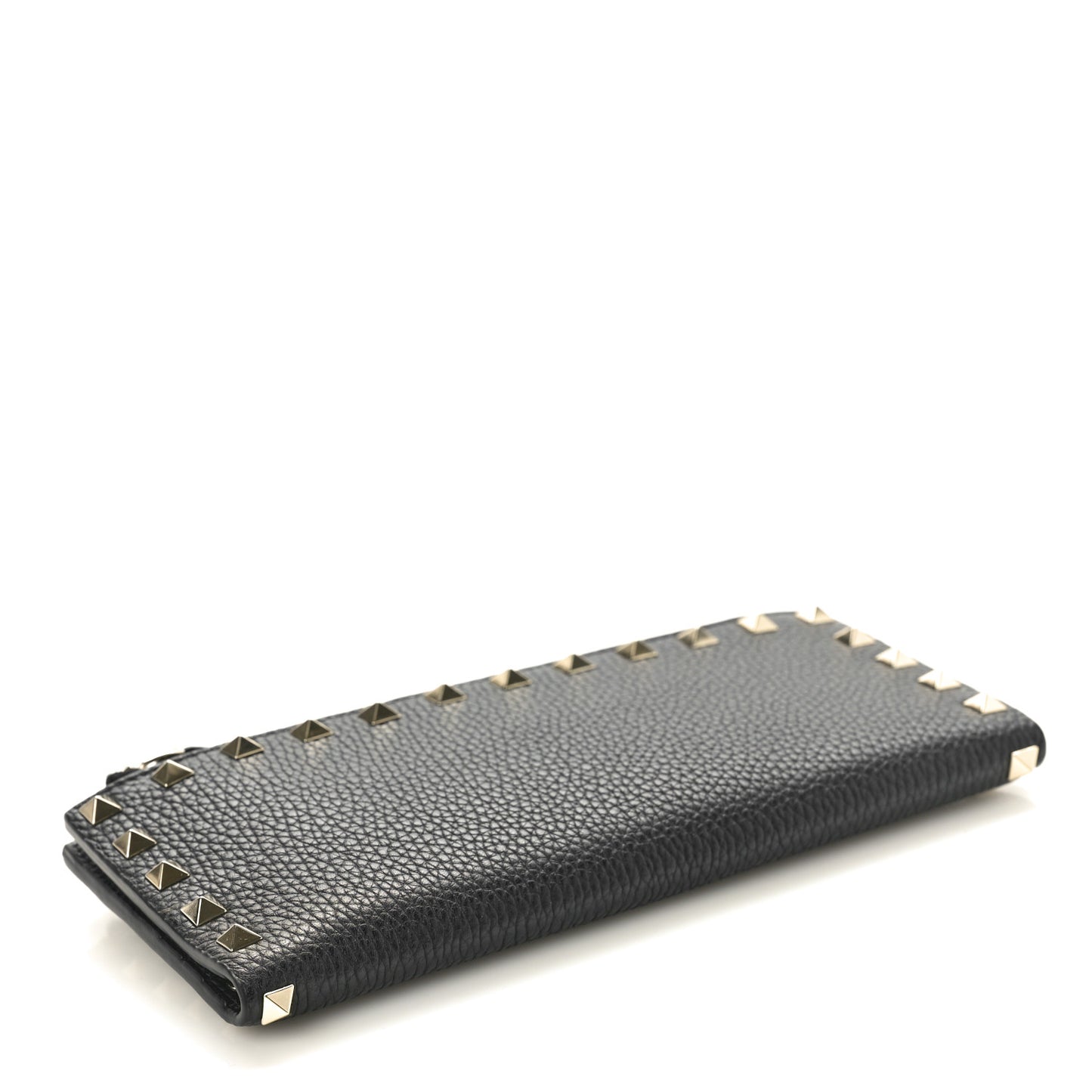 Pebbled Calfskin Rockstud Fold Zip Wallet Black