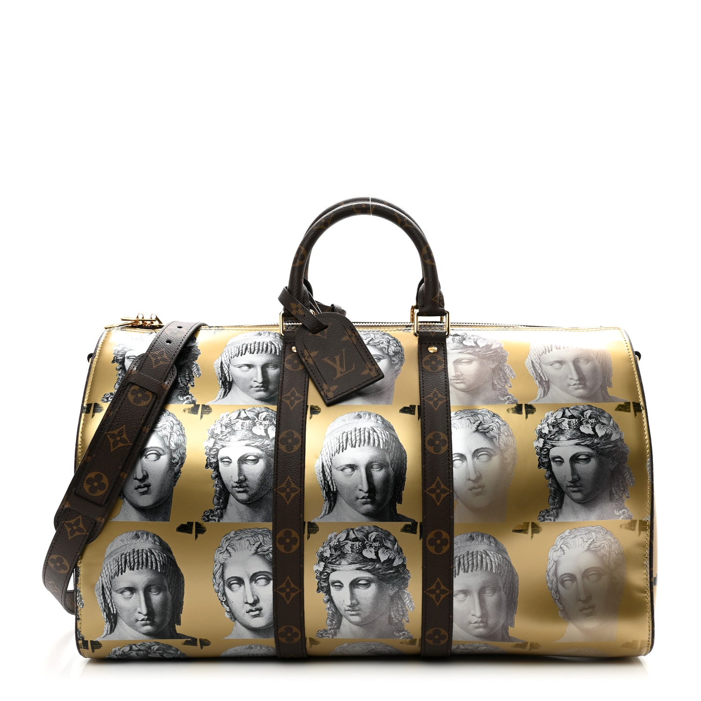 X FORNASETTI Calfskin Fornasetti Keepall Bandouliere 45 Gold