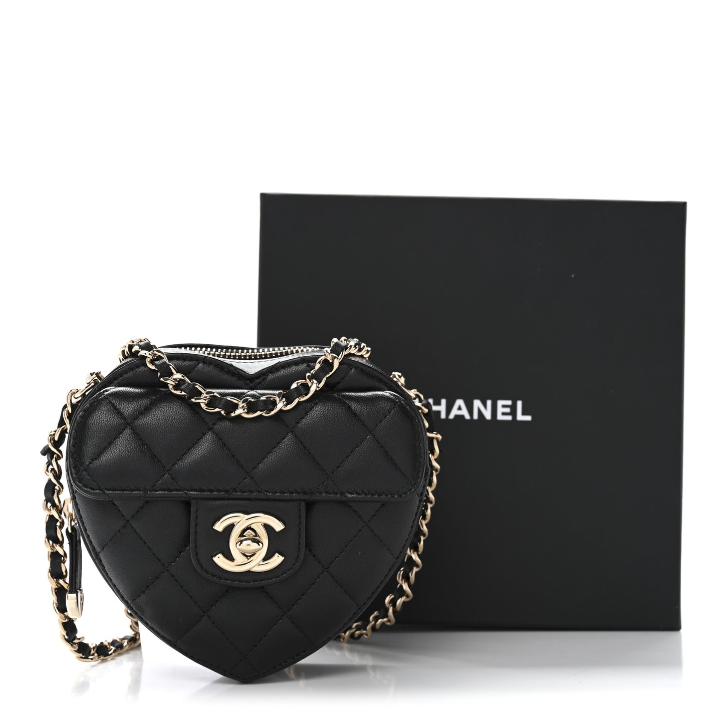 Lambskin Quilted CC In Love Heart Clutch With Chain Black